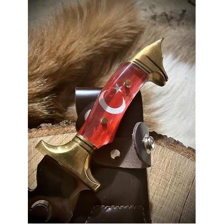 Türk Bayrağı İşlemeli Kurt Başlık Mika Kabze Avcı Kamp Bıçağı