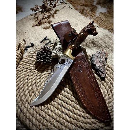 El Yapımı Kurt Başlı İşlemeli Av Bıçağı No:2
